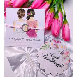    koszorúslányfelkérő szett: rózsaszín karika zsinóros karkötő, leszel a koszorúslányom fatábla, koszorúslány felkérő kísérőkártya