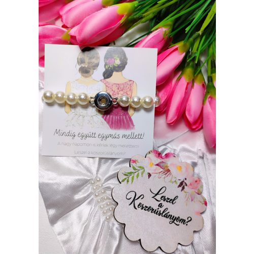  koszorúslányfelkérő szett: fehér ásványkarkötő , leszel a koszorúslányom fatábla, koszorúslány felkérő kísérőkártya, 