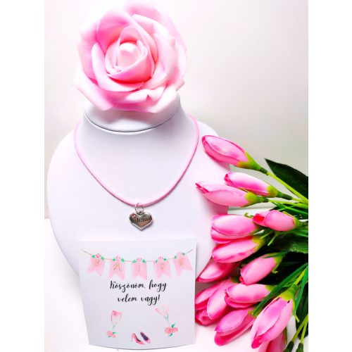 koszorúslány lánc: rózsaszín viaszos zsineg nyaklánc -bridesmaid felirattal -  lánybúcsús kísérőkártyával 